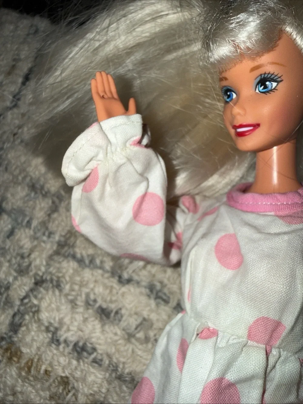 Barbie vintage white long sleeve pink polka dot dress and purse